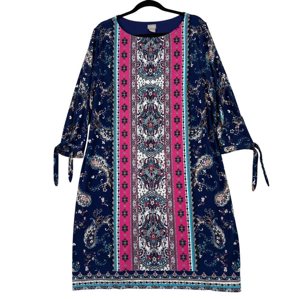 Chico's Shift Dress Size 16 Blue Pink Paisley Tie Sleeves Stretch Knit Lined